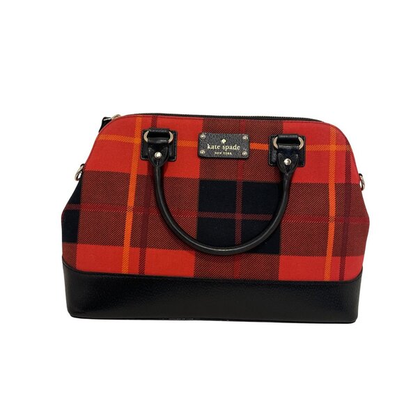 NWOT Kate Spade Plaid Dome Satchel Handbag - Red & Black Wool With Leather Trim - Picture 1 of 5
